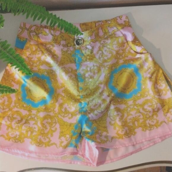 Italian Designer Style Silky Baggy Shorts Size Small Pink Yellow Baroque Italy - Picture 2 of 13